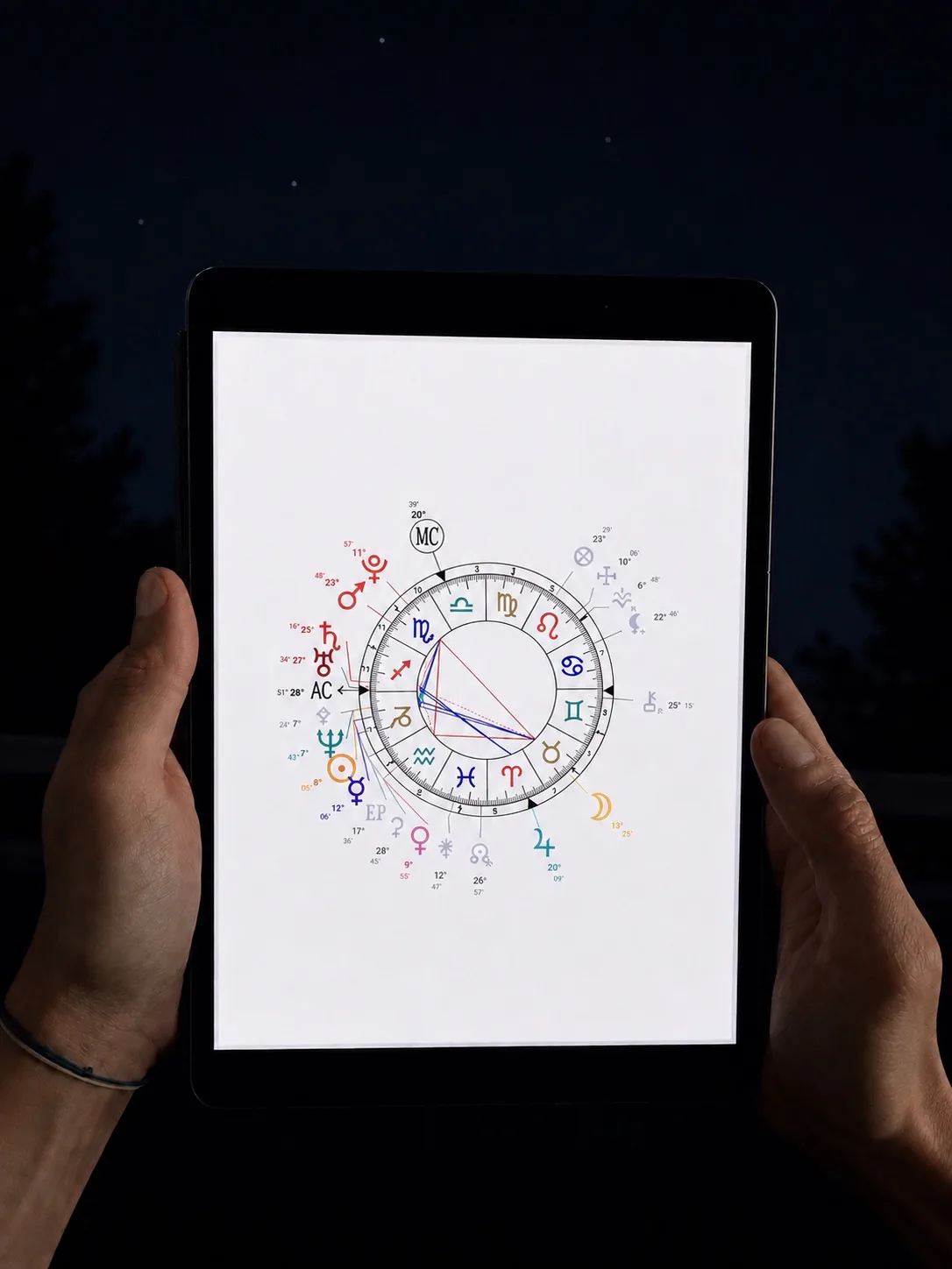 Astral chart page from the digital booklet on a tablet at night