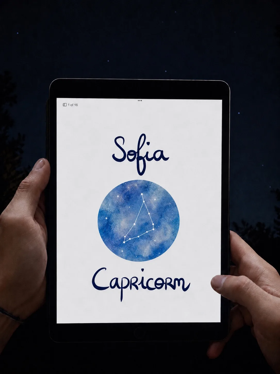Digital booklet cover on a tablet at night