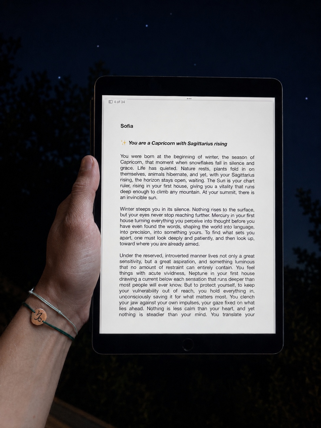 Sofia digital booklet page shown on a tablet at night