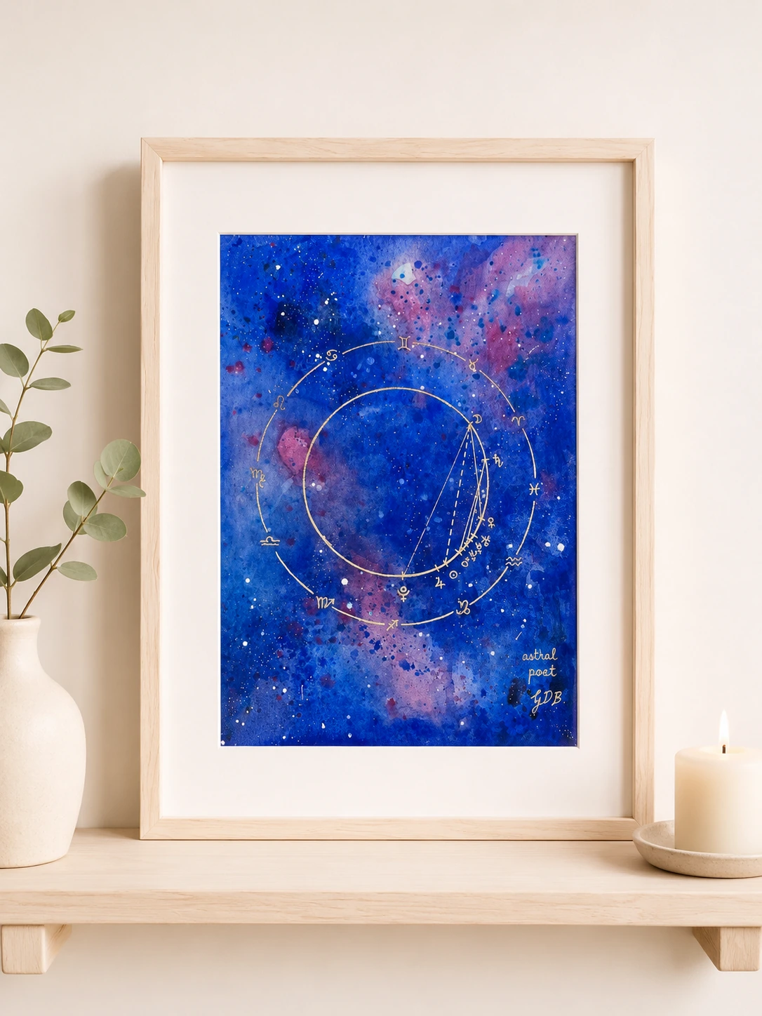 Framed blue astral painting on a white wall