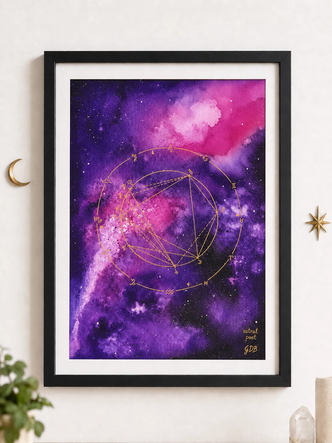 Framed purple astral painting on a white wall